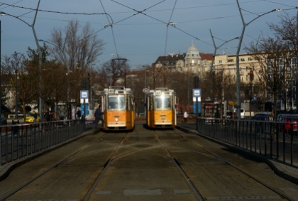Trams waiting to depart on Deák square
